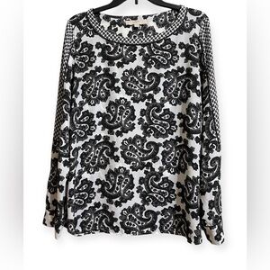 Ann Taylor LOFT Black and White Paisley Blouse Top Long Sleeve Pullover Medium
